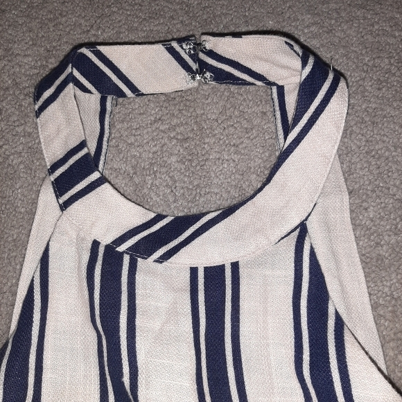 J.O.A. Taupe Navy Striped Swing Halter Tank Split Sides Cut Out Back - Picture 5 of 13